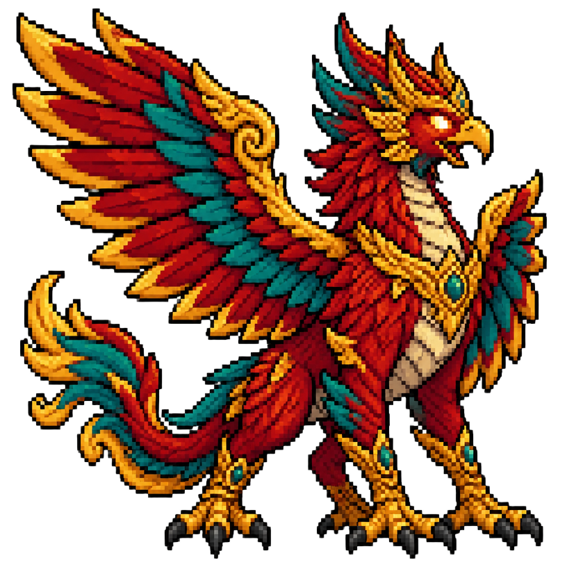 Sprite pixel art burung naga Nusantara bergaya arcade